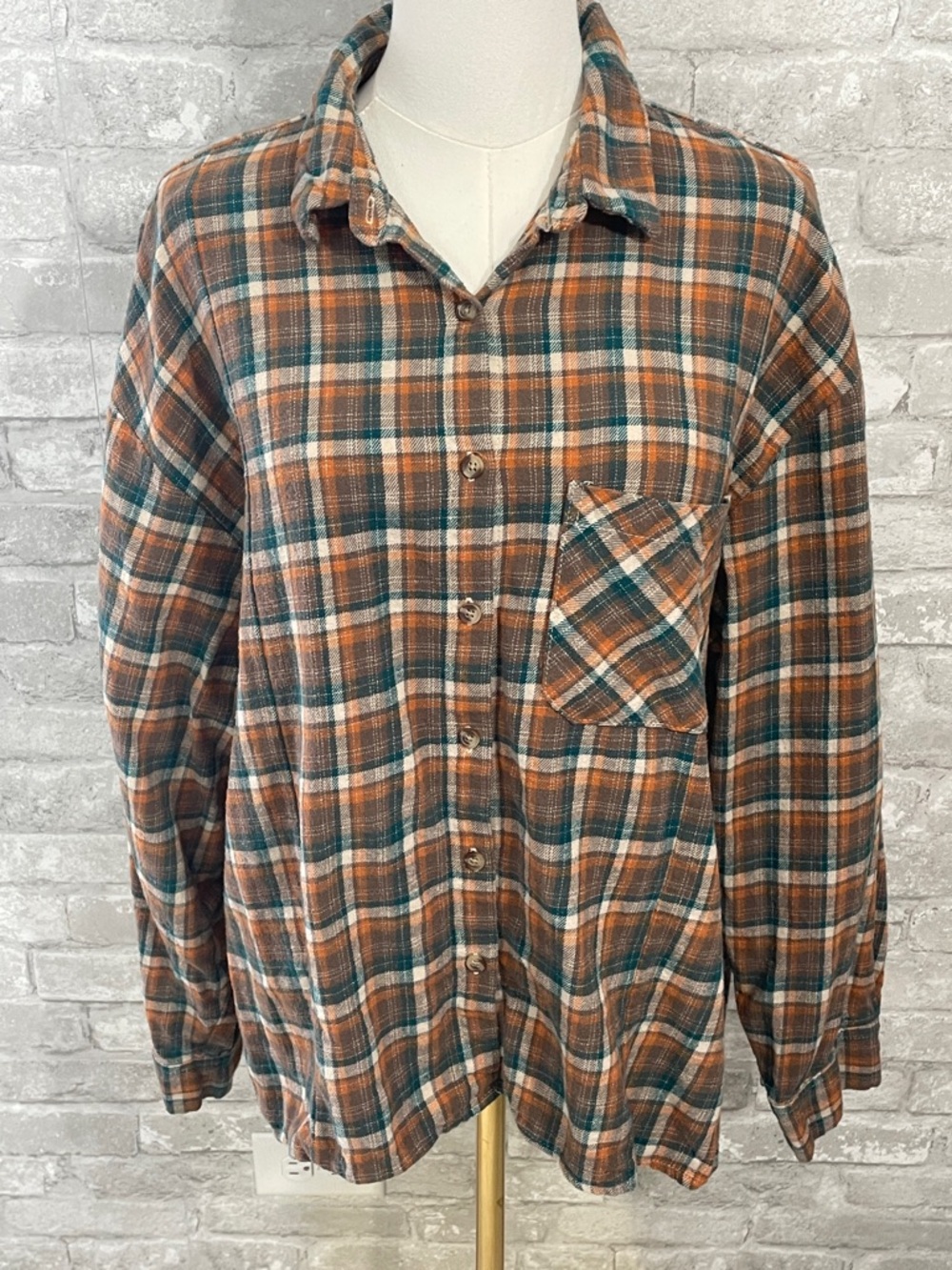 Dizzy lizzy Plaid Button-Down Flannel Shirt in Rust Orange & Teal - Picture 1 of 4